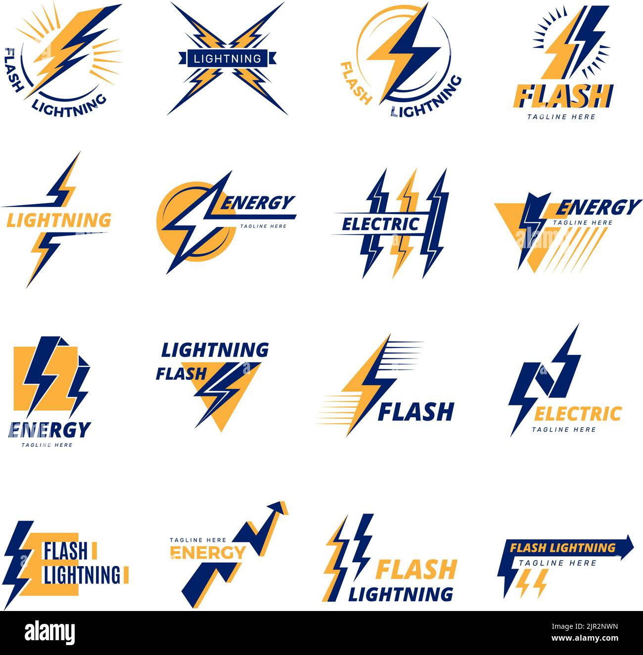 Logo Thunderbolt. Badge di potenza con simboli di forza thunderbolts vettore recente elettricità pericolo icone con testo Illustrazione Vettoriale