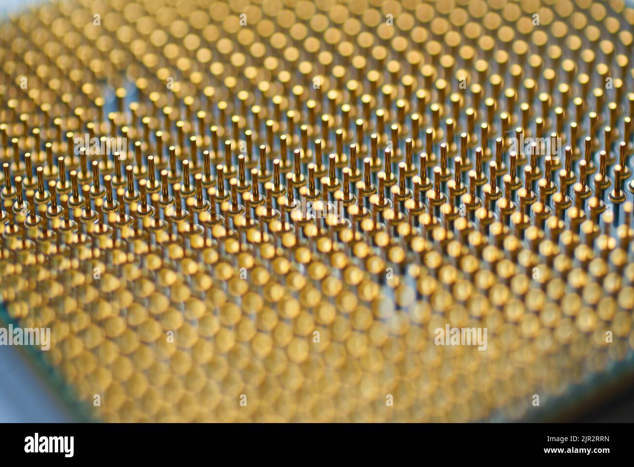 Microprocessore su sfondo bianco. Pin dorati rivolti verso l'alto. Il concetto di nuove tecnologie Foto Stock