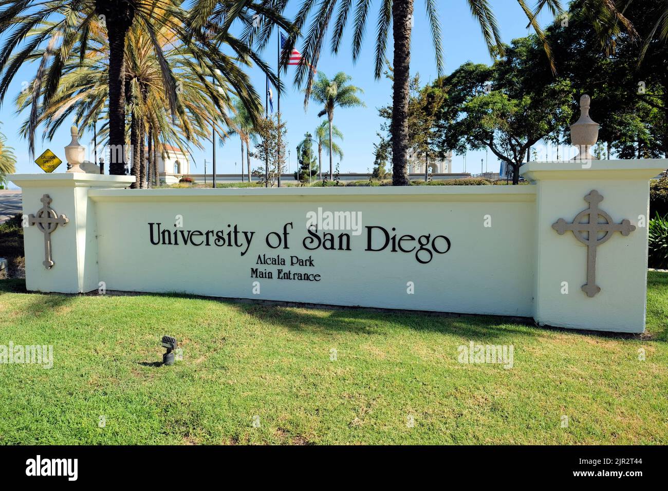 Firma all'ingresso principale dell'Alcala Park dell'Università di San Diego, a San Diego, California; istruzione superiore, religiosa, Università cattolica. Foto Stock