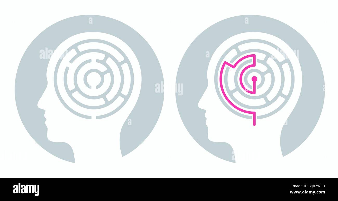 Testa umana silhouette con labirinto e soluzione. Risolvere i problemi della mente con la psicologia. Illustrazione vettoriale, icona o logo. Illustrazione Vettoriale