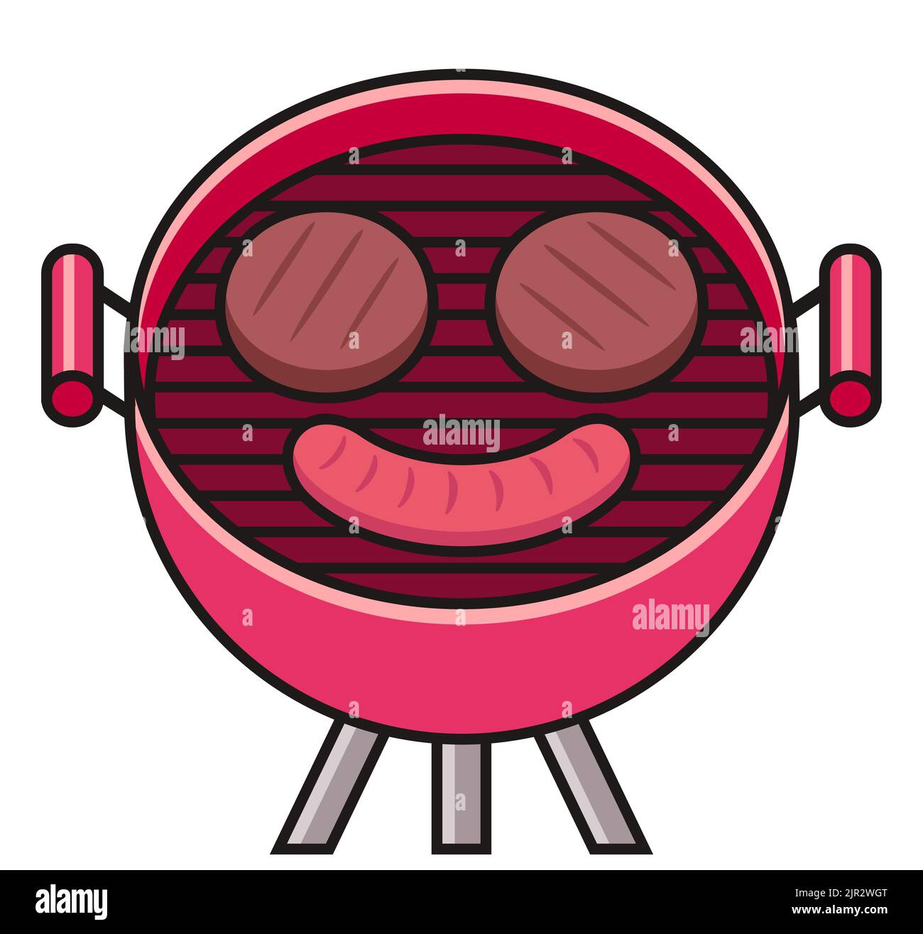 Hamburger polpettine e salsiccia a forma di viso sorridente sul barbecue grill. Barbecue in stile icona cartone animato piatto, isolato vettore clip arte illustrazione. Illustrazione Vettoriale