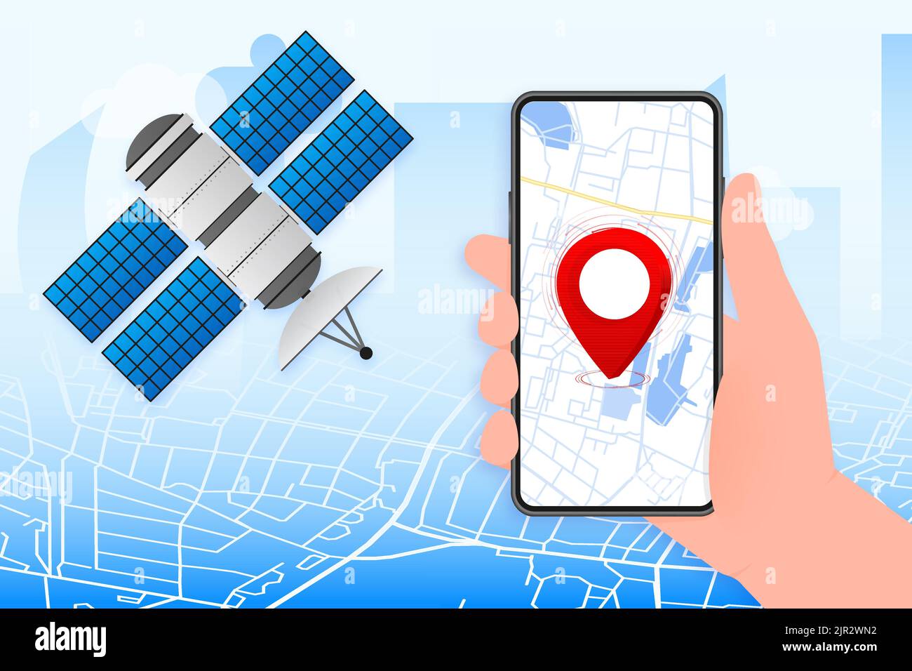 Satelliti artificiali gps. Comunicazione, concetto di navigazione. Illustrazione vettoriale. Illustrazione Vettoriale