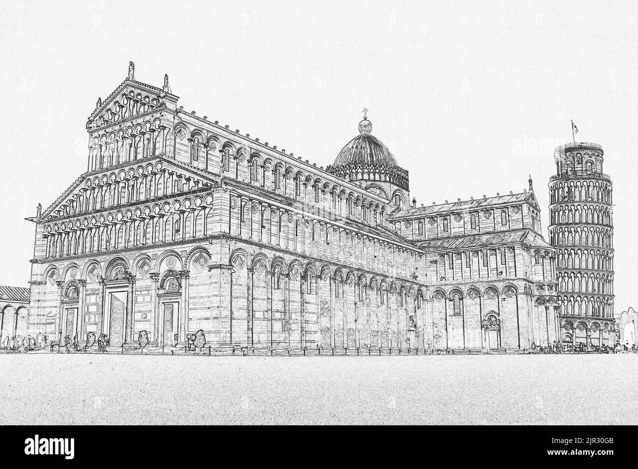 Disegno digitale del Duomo e della Torre Pendente di Pisa Foto Stock