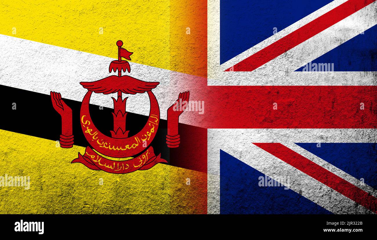 Bandiera nazionale del Regno Unito (Gran Bretagna) Unione Jack con Brunei, la bandiera nazionale della sede di pace. Sfondo grunge Foto Stock