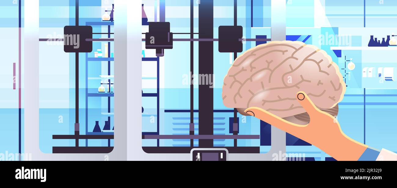 ricercatore mano che tiene il modello del cervello stampato su 3d bio stampante medica di organo di trapianto umano Illustrazione Vettoriale