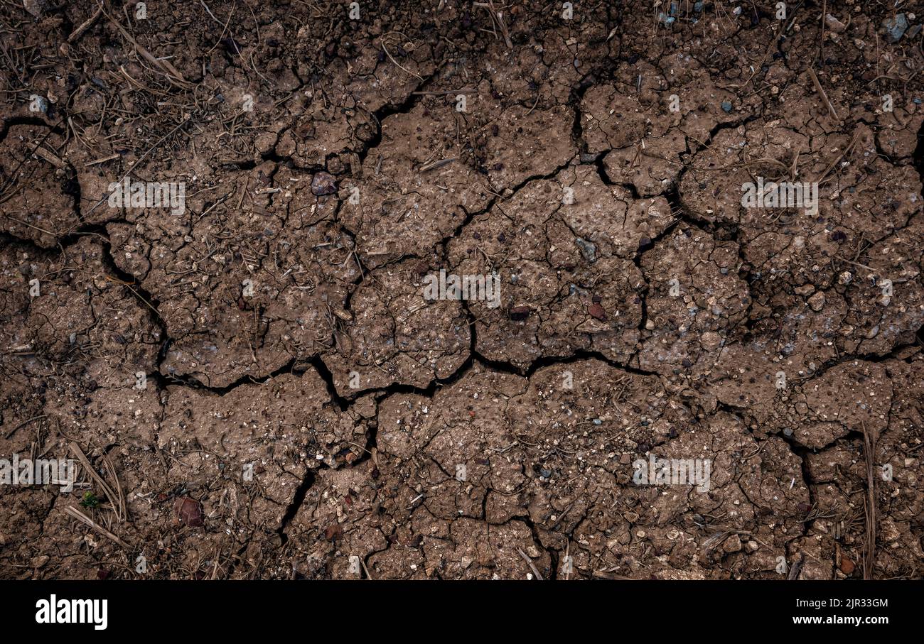 Sfondo di bought. Superficie spaccata essiccata di campo agricolo, vista dall'alto Foto Stock