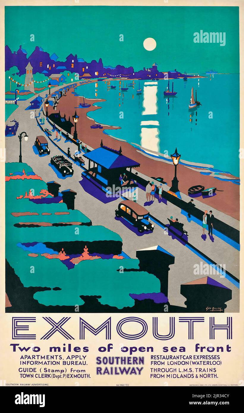 Poster di viaggio d'epoca - George Ayling - EXMOUTH - Southern Railway. Foto Stock