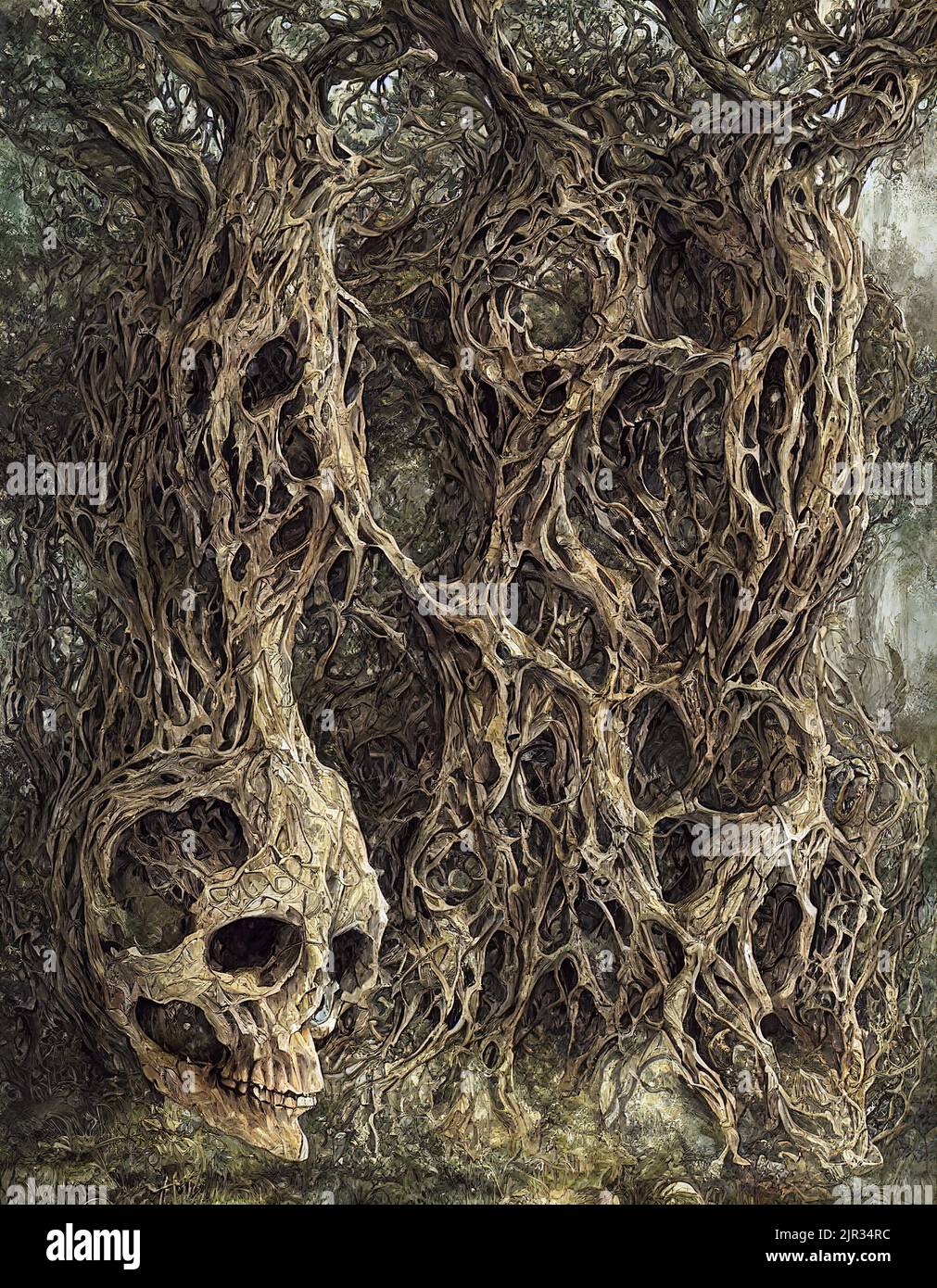 3d rendering di spaventoso fantasy albero cranico umano con arti cinky Foto Stock