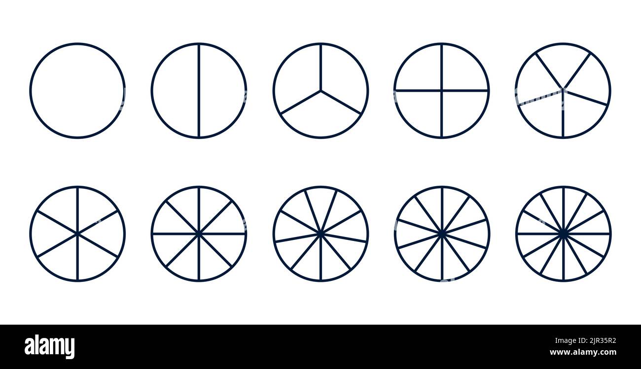 Cerchi diagramma diviso 3, 10, 7, icona grafico forma a torta grafico sezione. Infografica del vettore circolare a segmenti 6, 9 deviare. Illustrazione Vettoriale