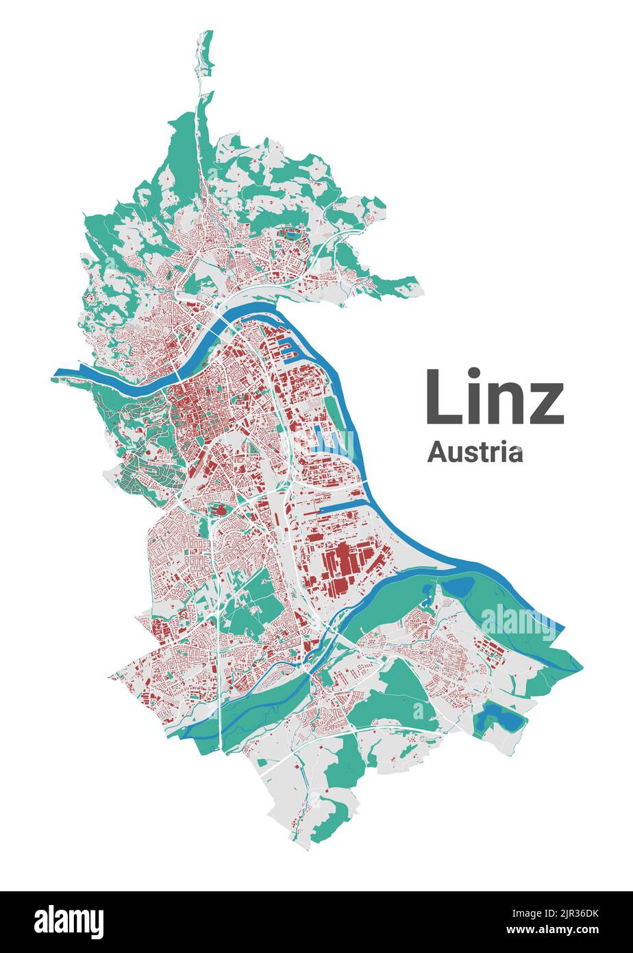 Mappa vettoriale Linz. Mappa dettagliata dell'area amministrativa della città di Linz. Panorama urbano. Road Map con edifici, acqua, foresta. Mappa decorativa turistica. Illustrazione Vettoriale