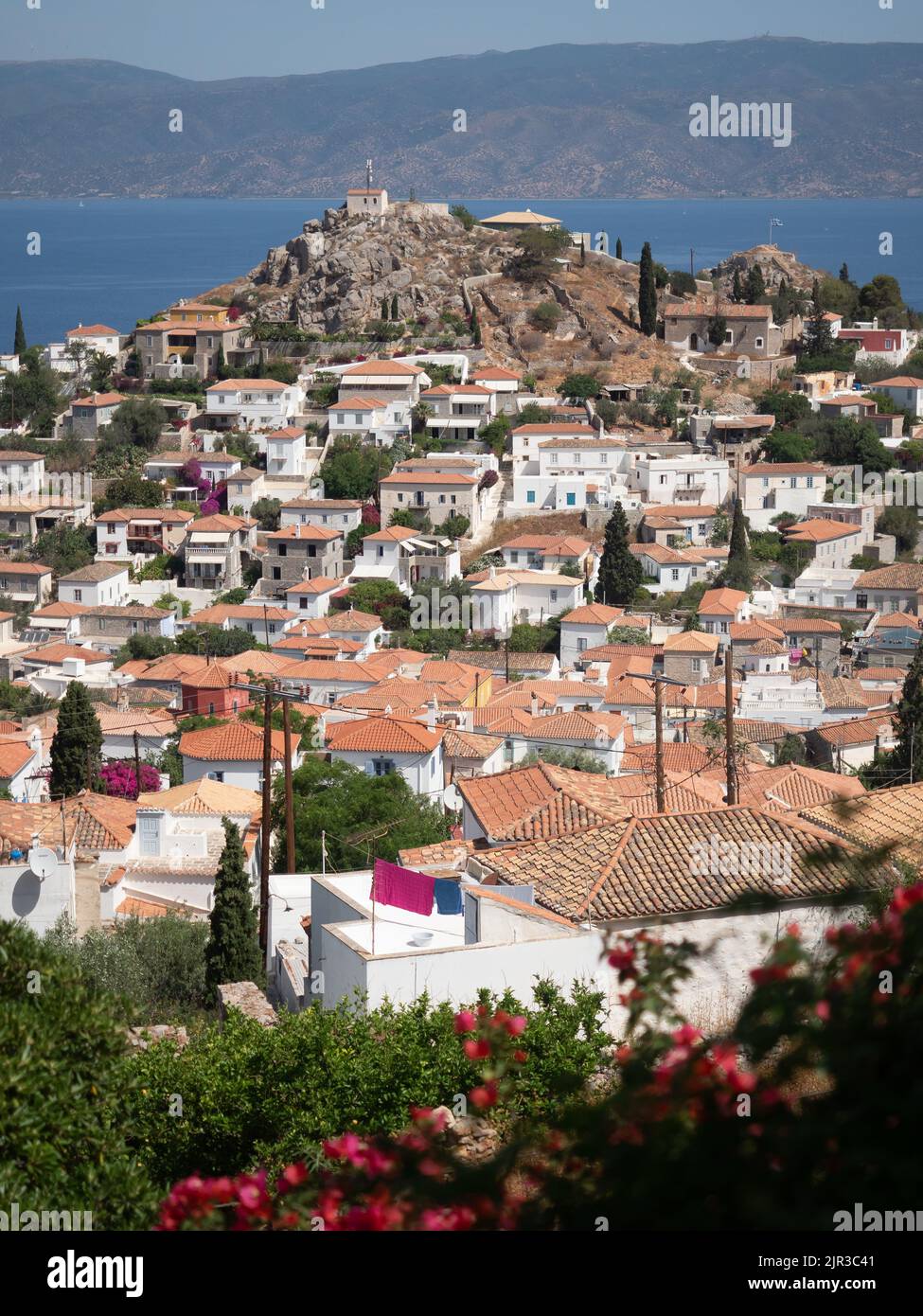 Vista sull'isola di Idra, vista sul mare, sui tetti in terracotta e sui fiori rosa Foto Stock
