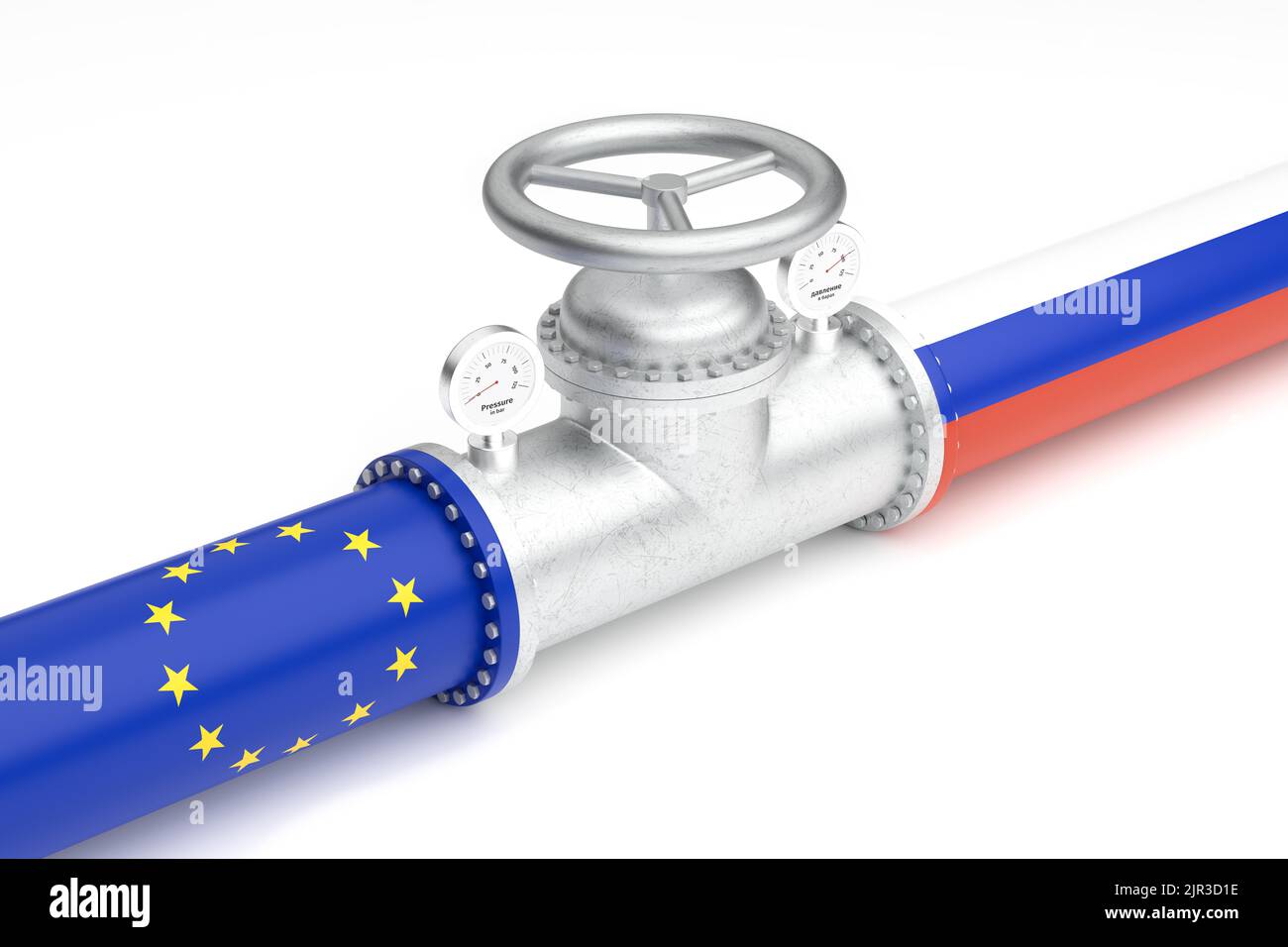 Concetto di carenza di gas naturale in Europa. Un gasdotto con le bandiere dell'Europa e della Russia. L'indicatore mostra 0 sul lato europeo perché la valvola era Foto Stock