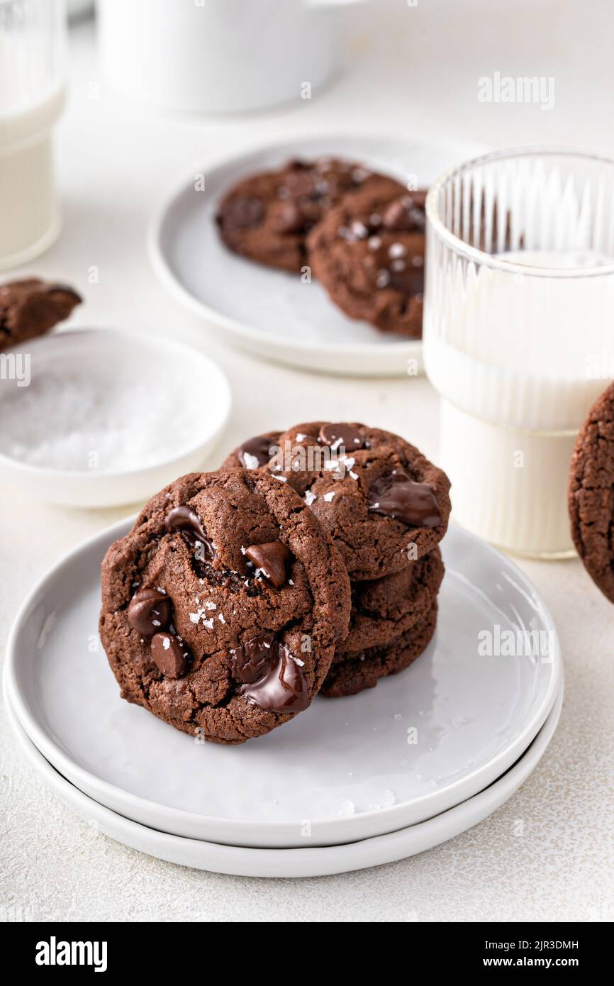 Biscotti al doppio cioccolato con gocce di cioccolato fondente e fiocchi di sale Foto Stock