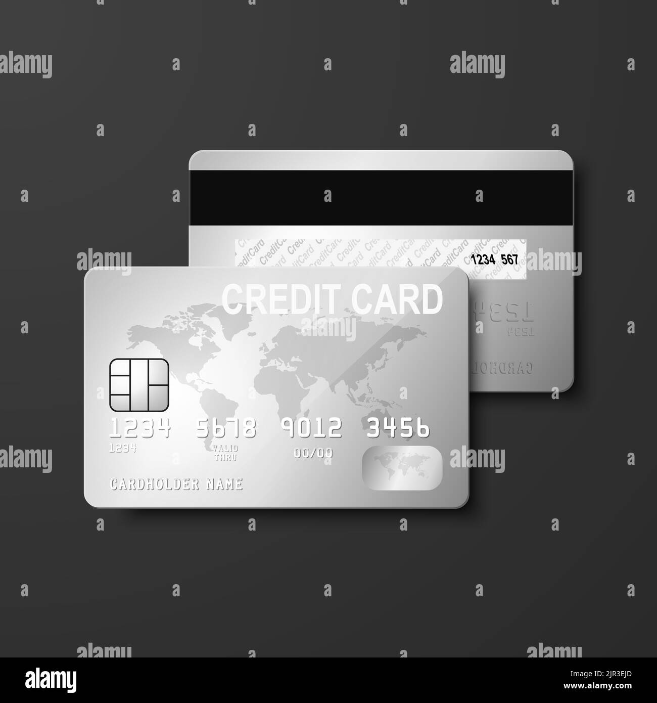 Carta di credito Vector 3D Realistic Grey Silver. Modello di progettazione di carte di credito o debito in plastica per Mockup, Branding. Concetto di pagamento con carta di credito. Anteriore Illustrazione Vettoriale