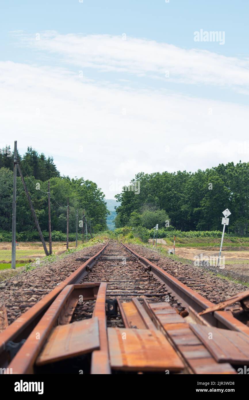 Binario ferroviario abbandonato in disuso che non porta da nessuna parte Foto Stock