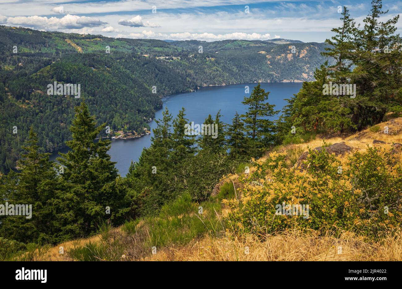 Splendida vista della baia di Saanich e delle isole del golfo dalla cima di Malahat, il giorno d'estate a Vancouver Island BC Canada Foto Stock