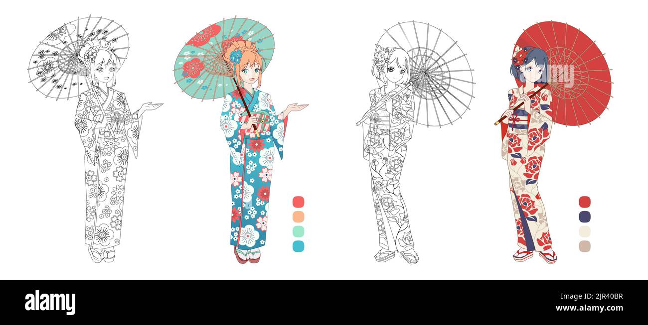 Ragazza manga ANIME che indossa kimono giapponese. Illustrazione del vettore di contorno per il libro da colorare. Versioni monocromatiche e a colori Illustrazione Vettoriale