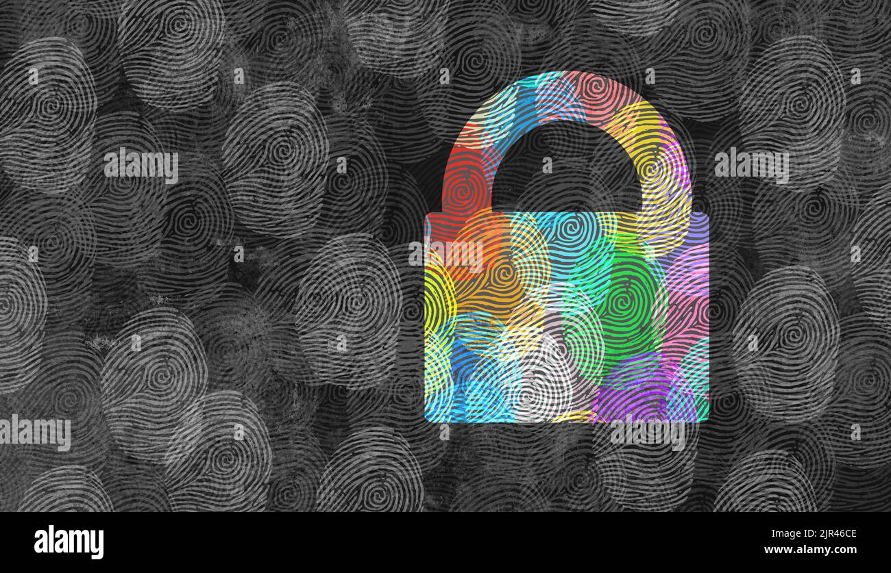 Sicurezza dell'identità simbolo e concetto di privacy o protezione dei dati personali privati come impronte digitali diverse o icone di impronte digitali a forma di chiave. Foto Stock