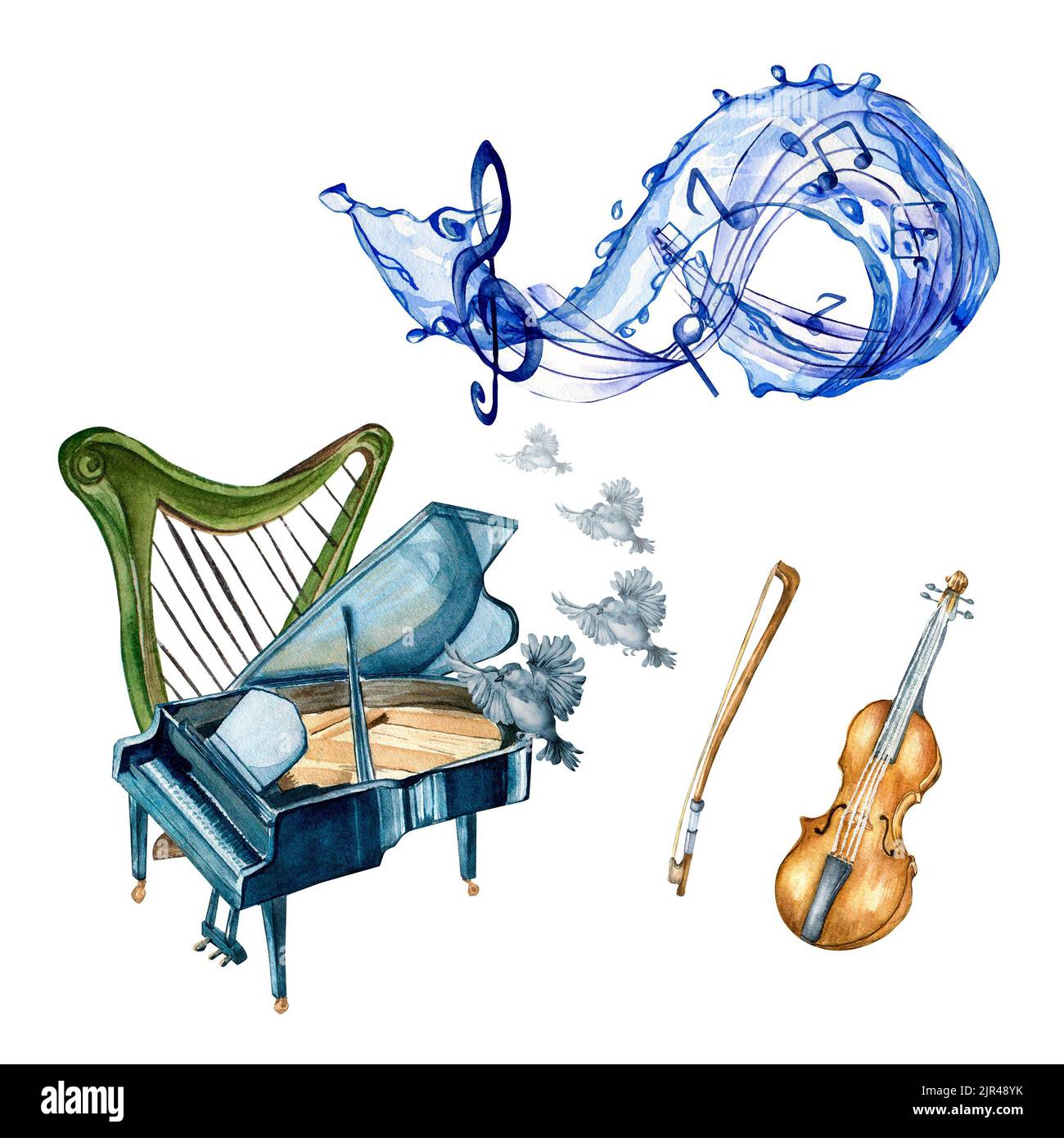 Illustrazione di acquerello di pianoforte, violino e arpa isolata su bianco. Strumenti musicali classici, scope d'onda con note, uccelli disegnati a mano. Progettazione per Foto Stock