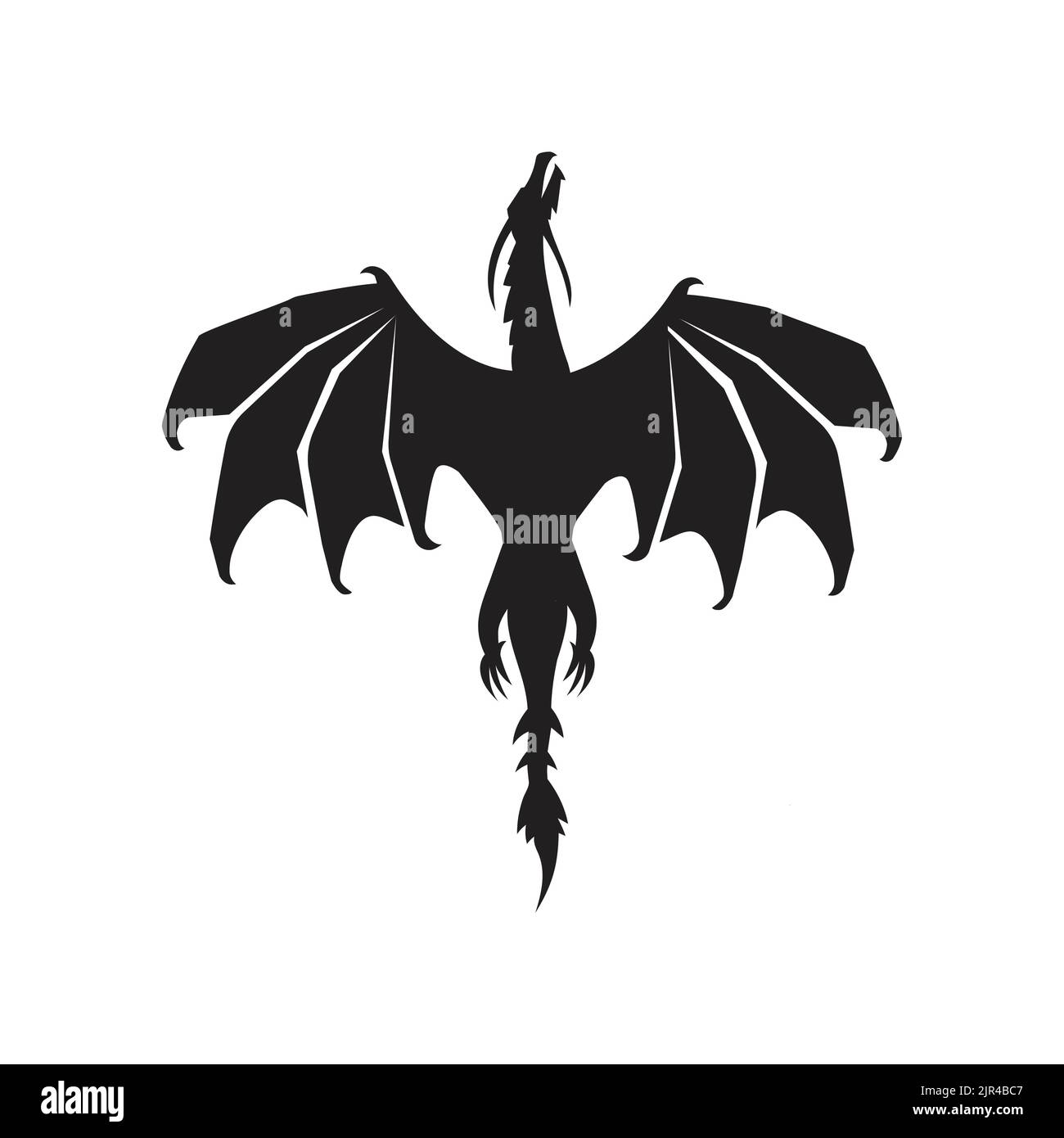 Una silhouette di drago volante in nero su bianco Illustrazione Vettoriale