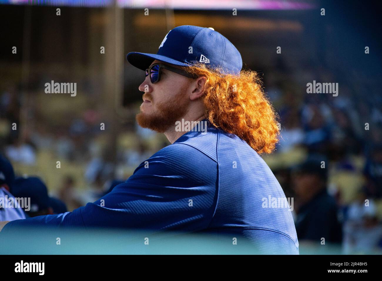 Il lanciatore titolare dei Los Angeles Dodgers Dustin May (85) nell'ottavo inning contro i Miami Marlins durante una partita della Major League Baseball al Dodger Stadium domenica 21 agosto 2022 a Los Angeles, California. I Dodgers sconfissero i Marlins 10-3. (Aliyah Navarro/immagine dello sport) Foto Stock