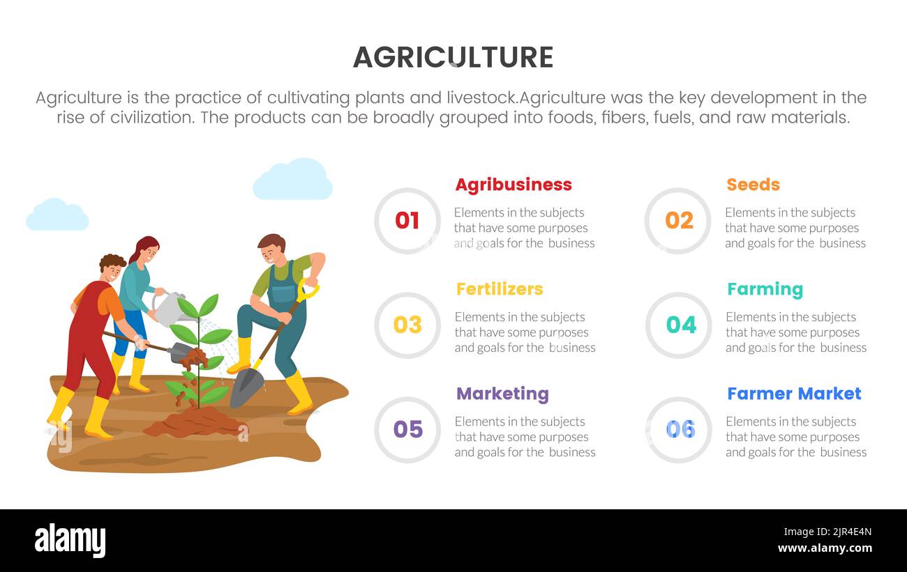 concetto infografico di team works agriculture agriculture per la presentazione delle diapositive con confronto tra 6 punti e due figure vettoriali laterali Foto Stock