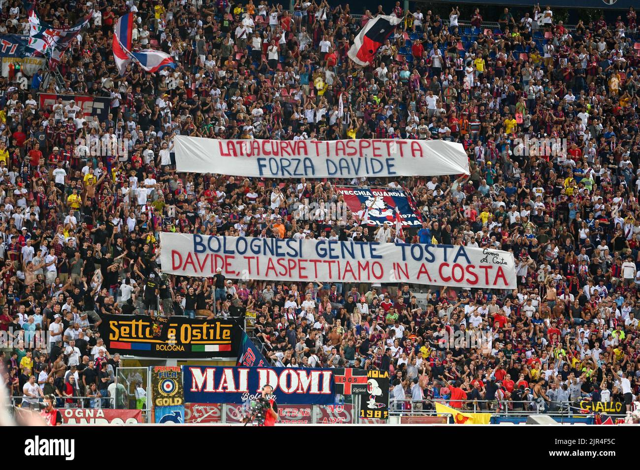 Bologna, Italia. 21st ago, 2022. Bologna FC tifosi tenere segno per 'Davide' durante Bologna FC vs Hellas Verona, calcio italiano Serie A match a Bologna, Italia, agosto 21 2022 Credit: Independent Photo Agency/Alamy Live News Foto Stock
