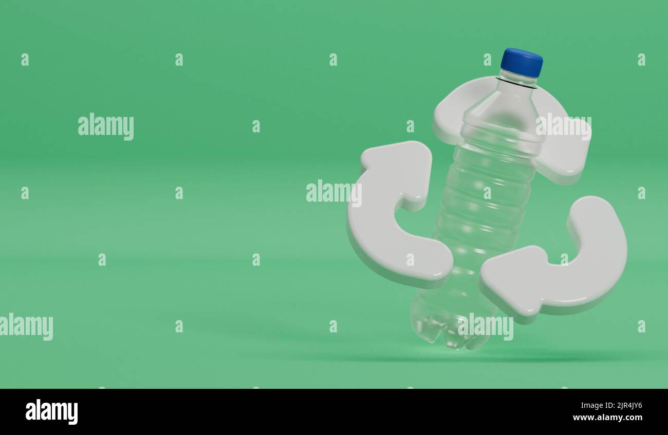 Bottiglia dell'acqua di scarico in plastica con simbolo di riciclaggio. Rendering 3D Foto Stock