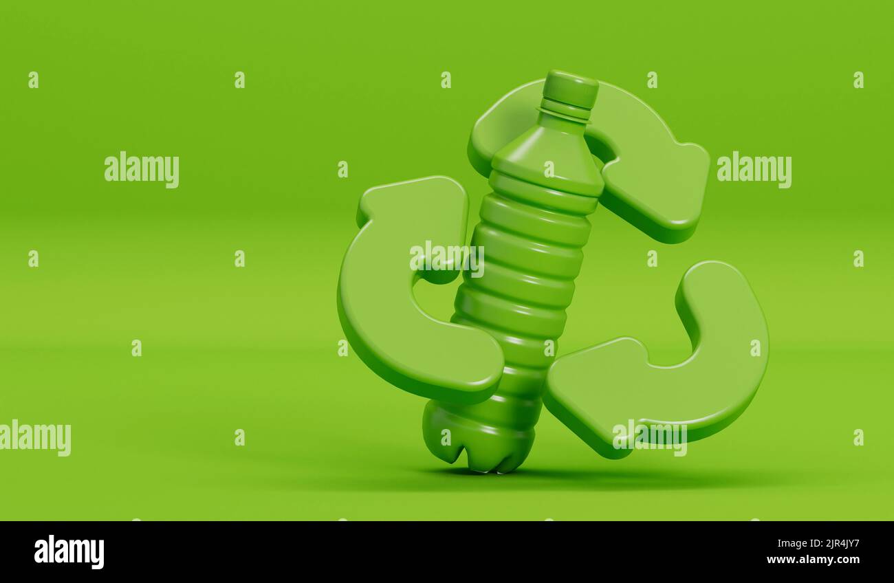 Bottiglia dell'acqua di scarico in plastica con simbolo di riciclaggio. Rendering 3D Foto Stock