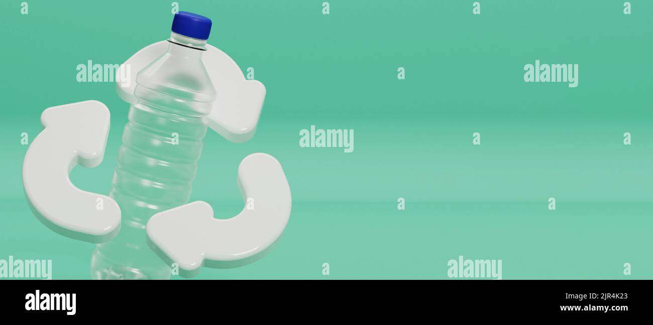 Bottiglia dell'acqua di scarico in plastica con simbolo di riciclaggio. Rendering 3D Foto Stock