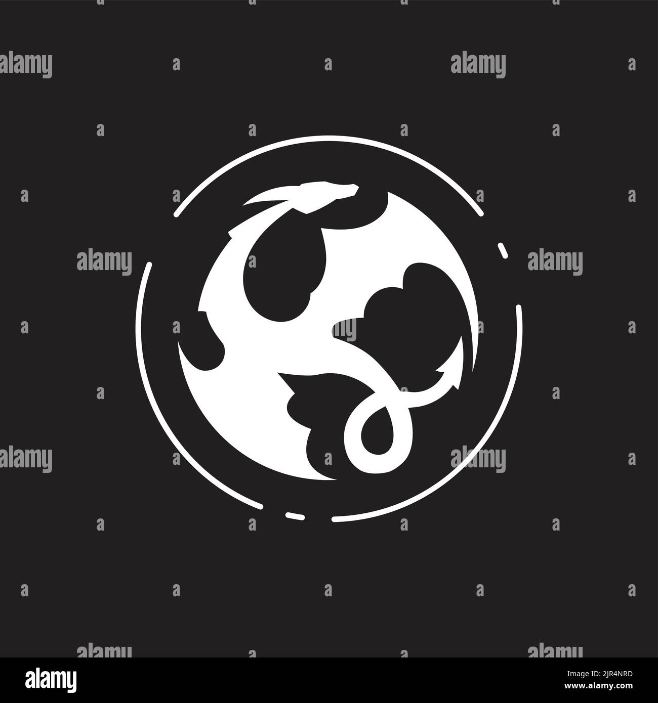 Un semplice logo con silhouette di drago bianco circolare su sfondo nero Illustrazione Vettoriale