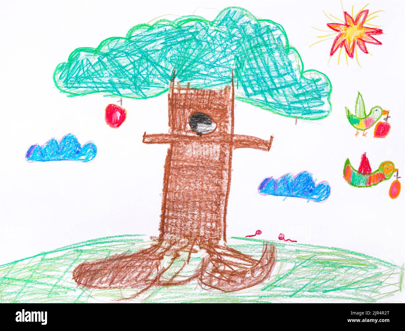 Un disegno a matita a mano di bambino. Un grande albero di mele con due uccelli che volano via con le mele. Ci sono anche due vermi sotto un albero e due nuvole e la s Foto Stock