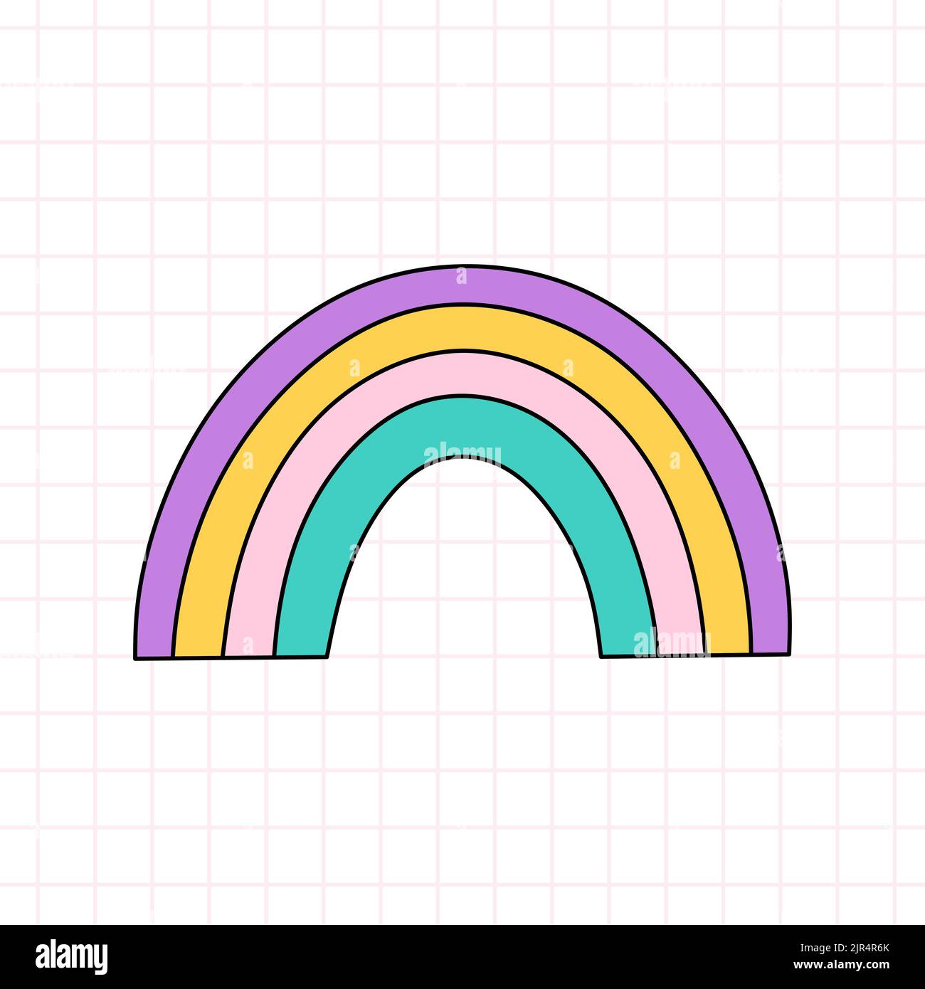 Carino arcobaleno luminoso nello stile della 90s. Disegno vettoriale a mano di un doodle isolato su sfondo bianco. Nostalgia per il 1990s. Perfetto per carte, decorazioni, logo Illustrazione Vettoriale