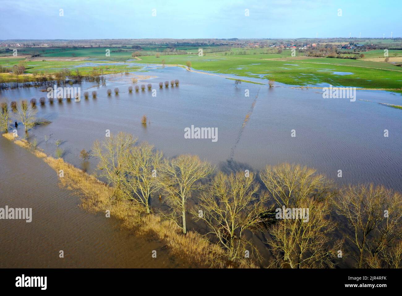 Duvenseer Moor a alluvione, vista aerea febbraio 2022, Germania, Schleswig-Holstein Foto Stock