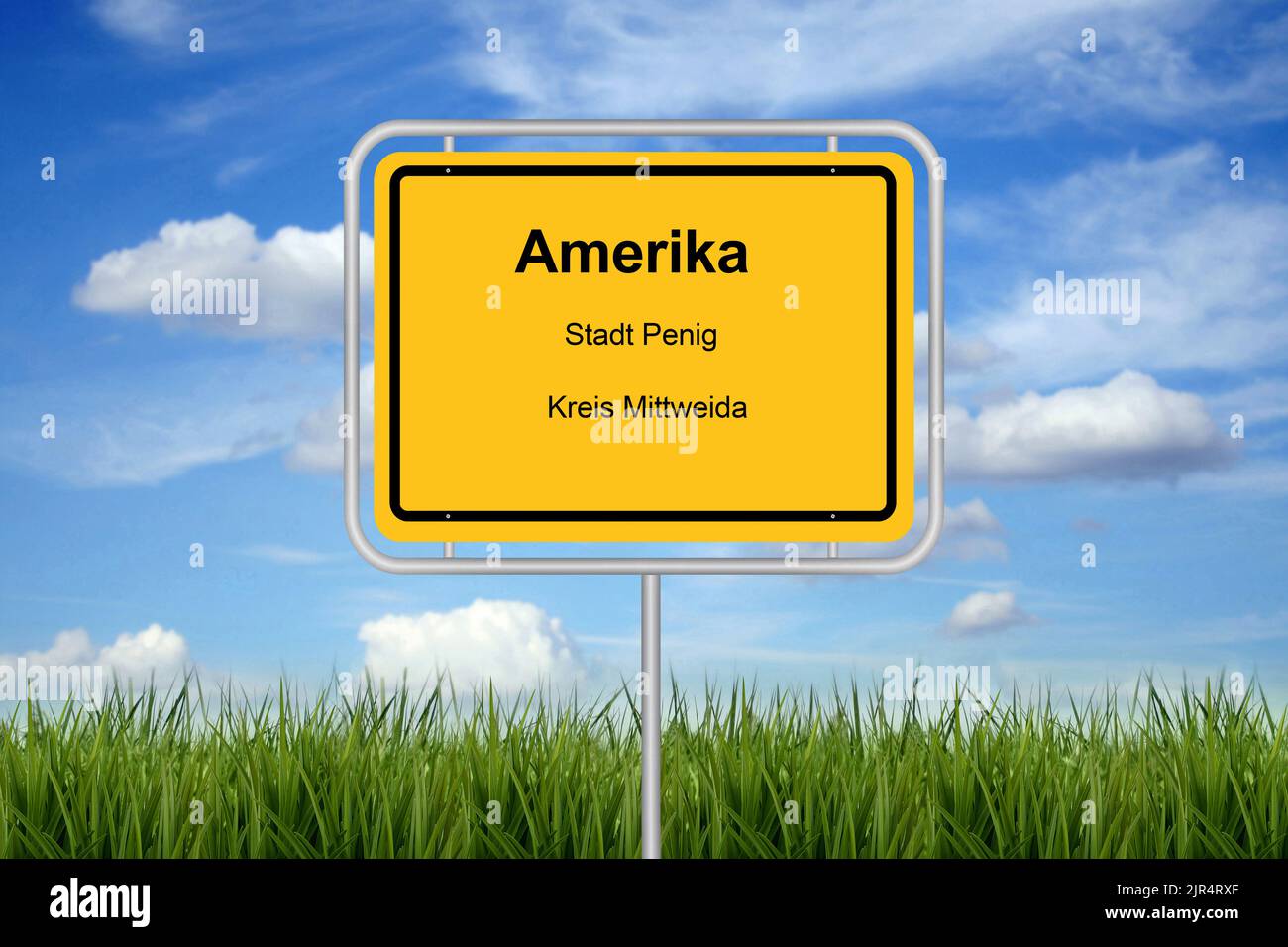 Insegna della città con la scritta Amerika, Stadt Penig, Kreis Mittweida, Germania, Sassonia Foto Stock