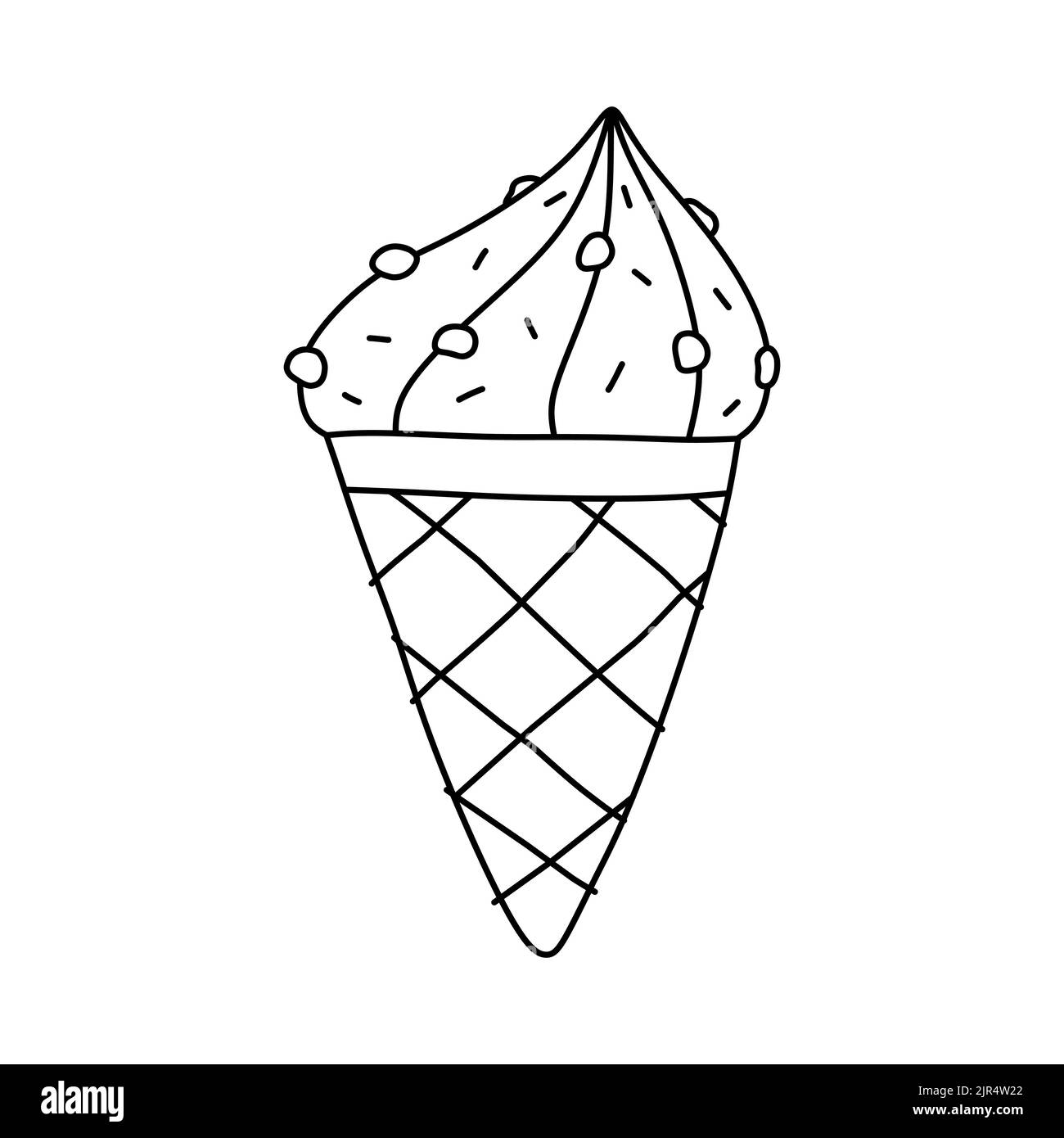 Grazioso cono gelato isolato su sfondo bianco. Cibo dolce. Disegno vettoriale a mano in stile doodle. Perfetto per vari disegni, schede, deco Illustrazione Vettoriale