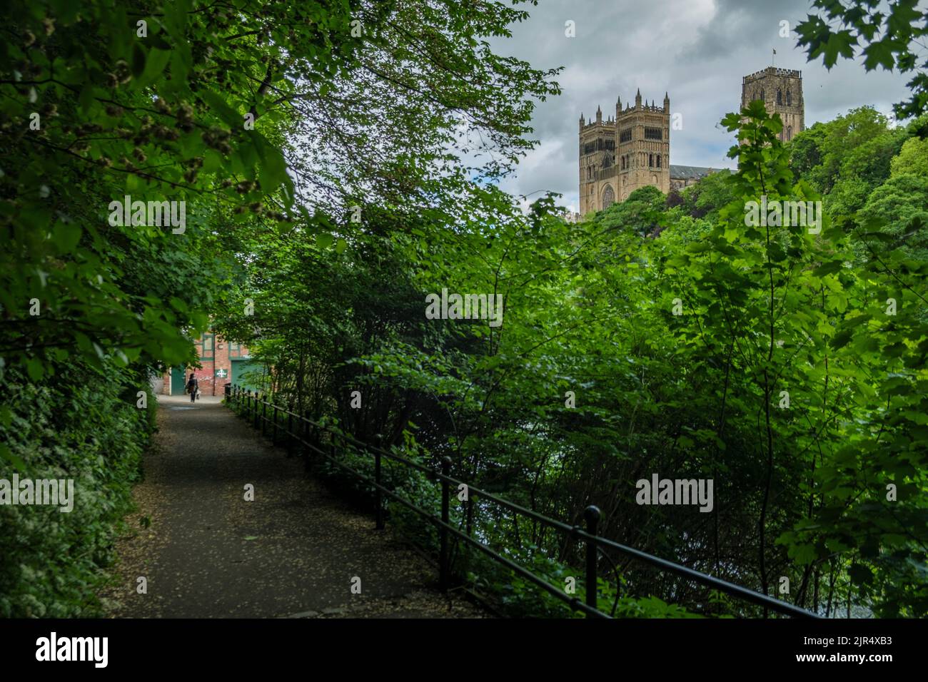 Le persone sul lungofiume camminano a Durham con la cattedrale in cornice Foto Stock