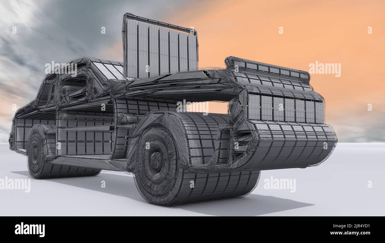 3D Illustrazione di un veicolo concettuale. L'unico modo per comprenderne la costruzione è di vederne le dimensioni quadrate più alte. Foto Stock 3D Illustrazione di un veicolo concettuale. L'unico modo per comprenderne la costruzione è di vederne le dimensioni quadrate più alte. Foto Stock