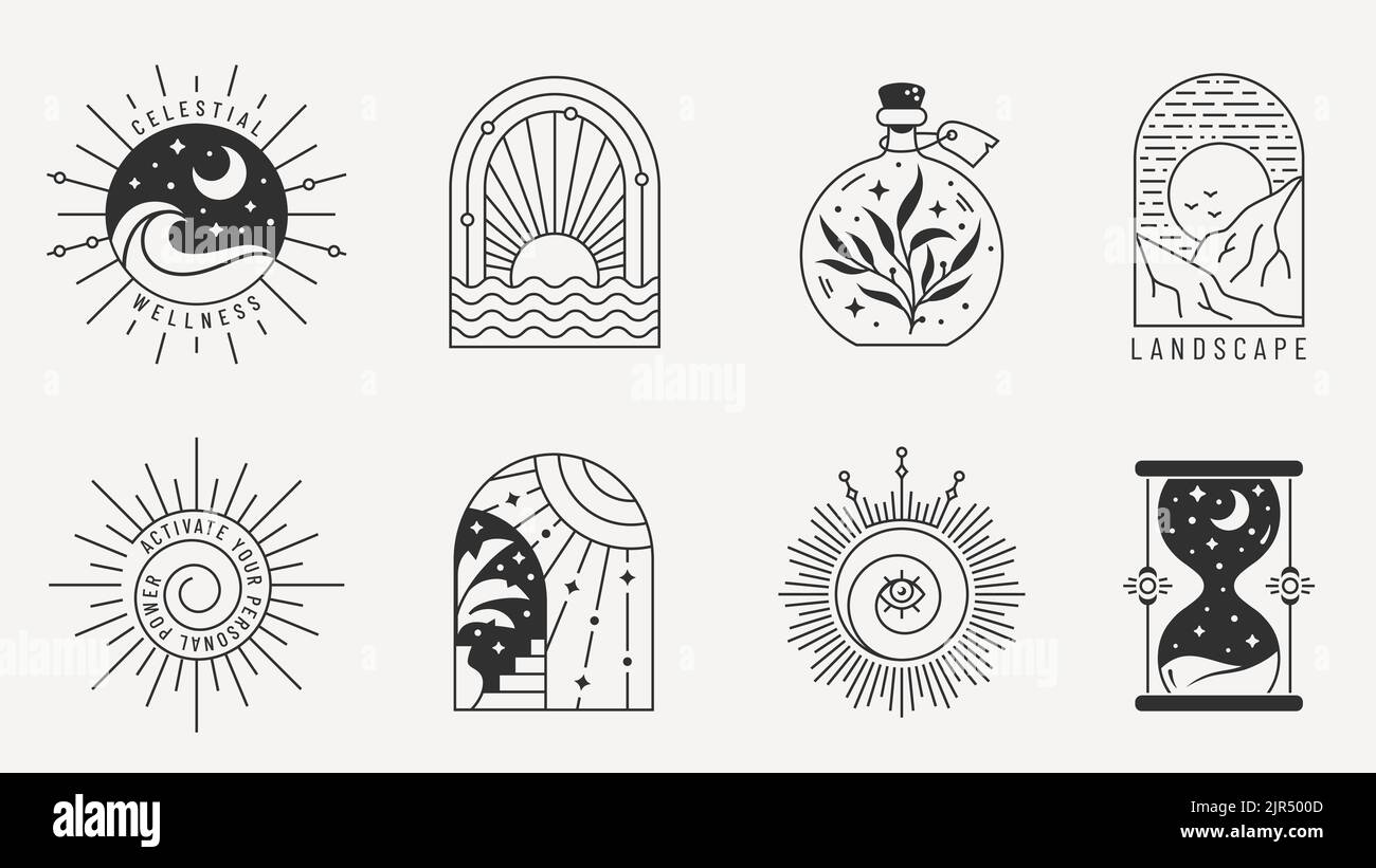 Set di logo boho. Elementi di design trendy per magia, esoterica, psicologia, terapia alternativa, spirituale, temi celesti, viaggi e altri. Illustrazione Vettoriale
