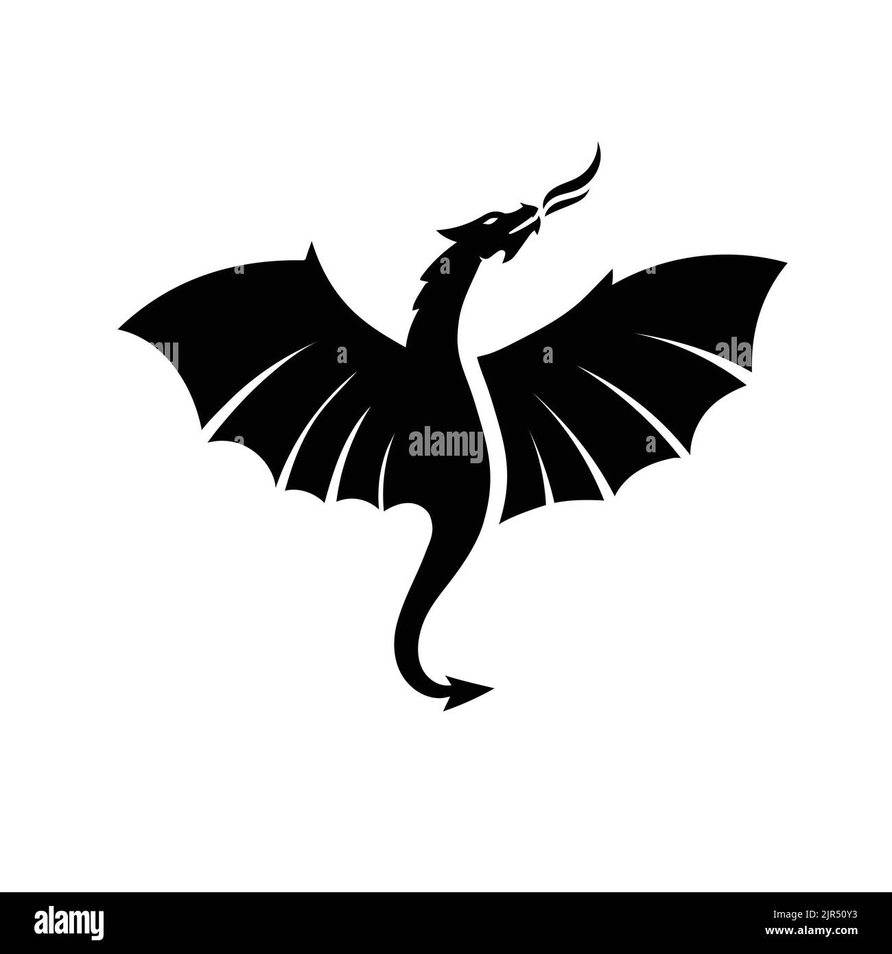 Silhouette nera stilizzata di drago volante sullo sfondo bianco Illustrazione Vettoriale