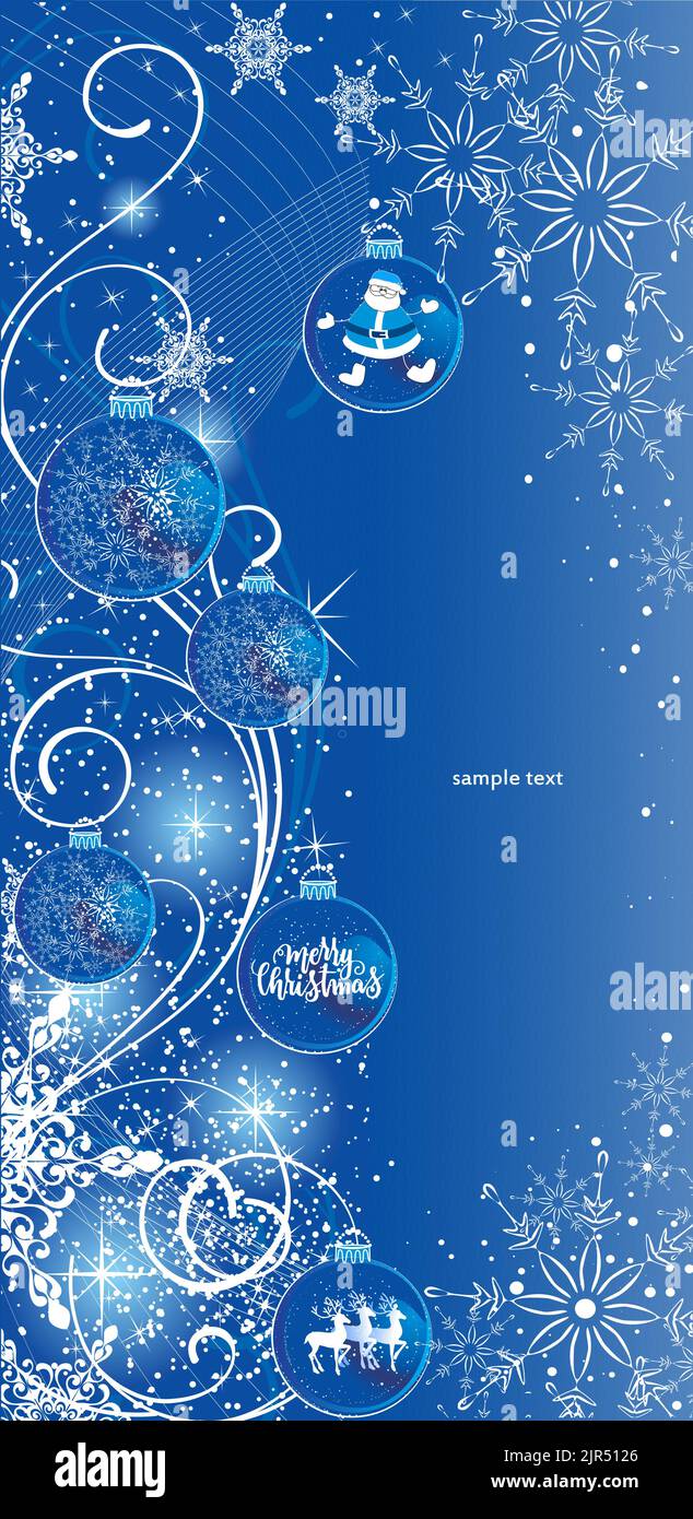 Buon Natale e Vacanze invernali, cartolina vettoriale. Babbo Natale, cervo, palle di natale e fiocchi di neve su sfondo blu Illustrazione Vettoriale