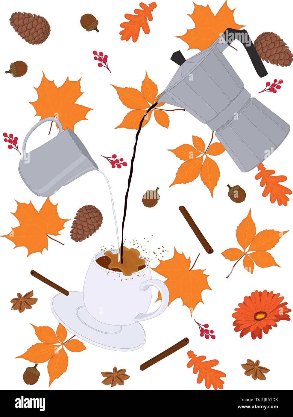 Speciale tazza di caffè in movimento a tema autunnale con caffè e latticini circondati da foglie di colore arancione Illustrazione Vettoriale
