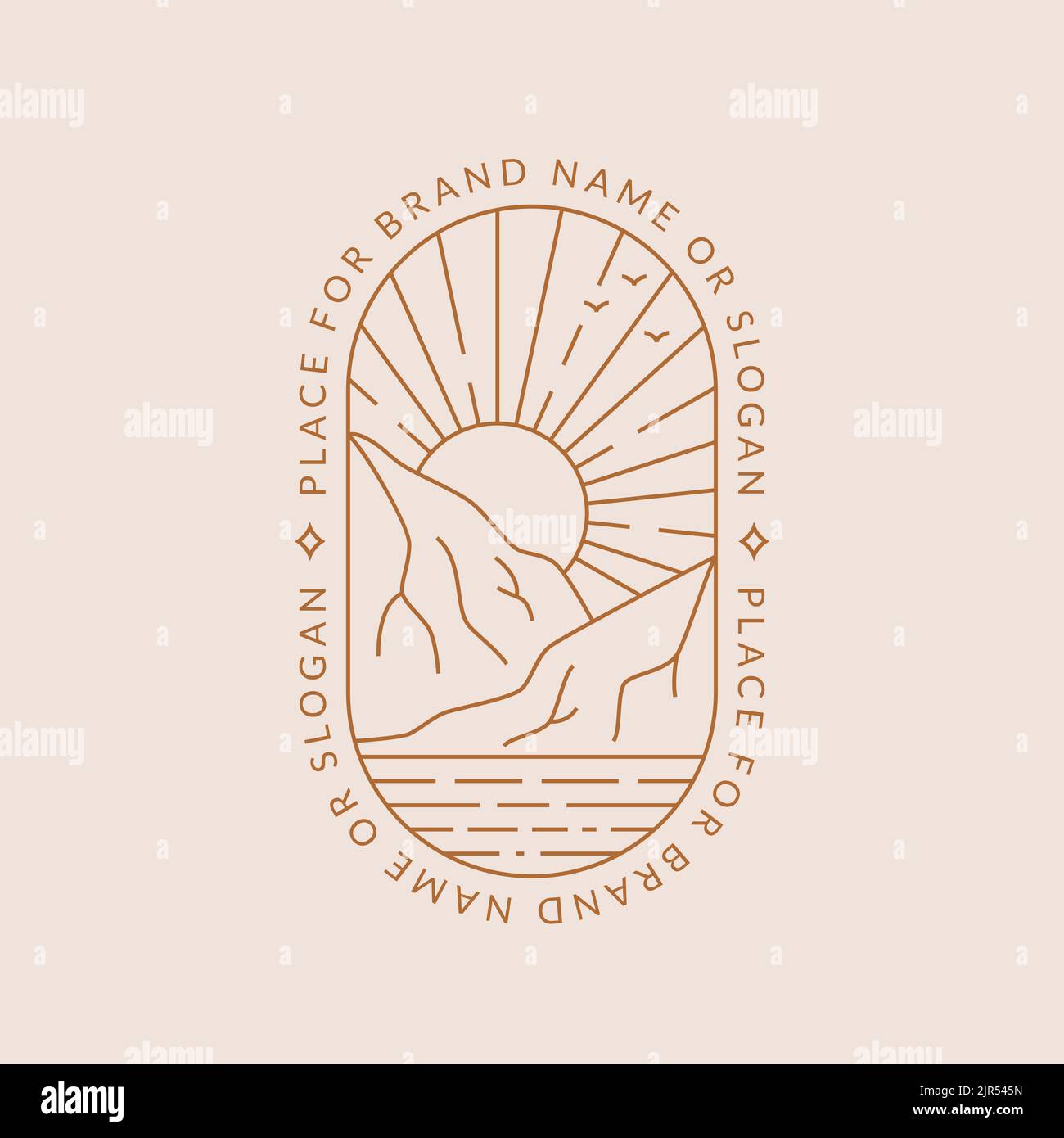 Logo orizzontale. Emblema trendy per agenzie di viaggio, turismo ecologico, resort all'aperto, glamping o altri temi. Distintivo di linea con montagne e sole. Illustrazione Vettoriale