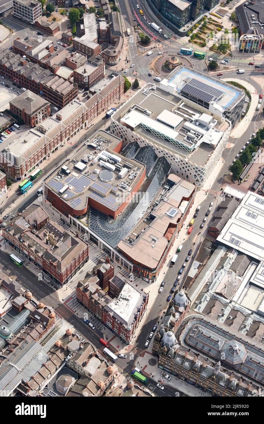 Una fotografia aerea del Victoria Shopping Centre, Leeds City Centre, West Yorkshire, Northern England, UK Foto Stock