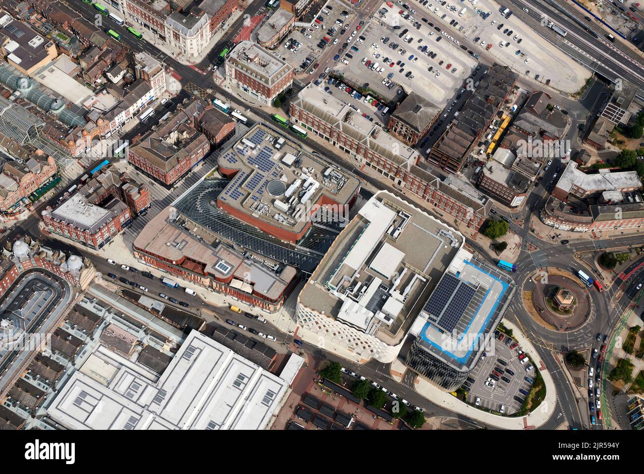 Una fotografia aerea del Victoria Shopping Centre, Leeds City Centre, West Yorkshire, Northern England, UK Foto Stock