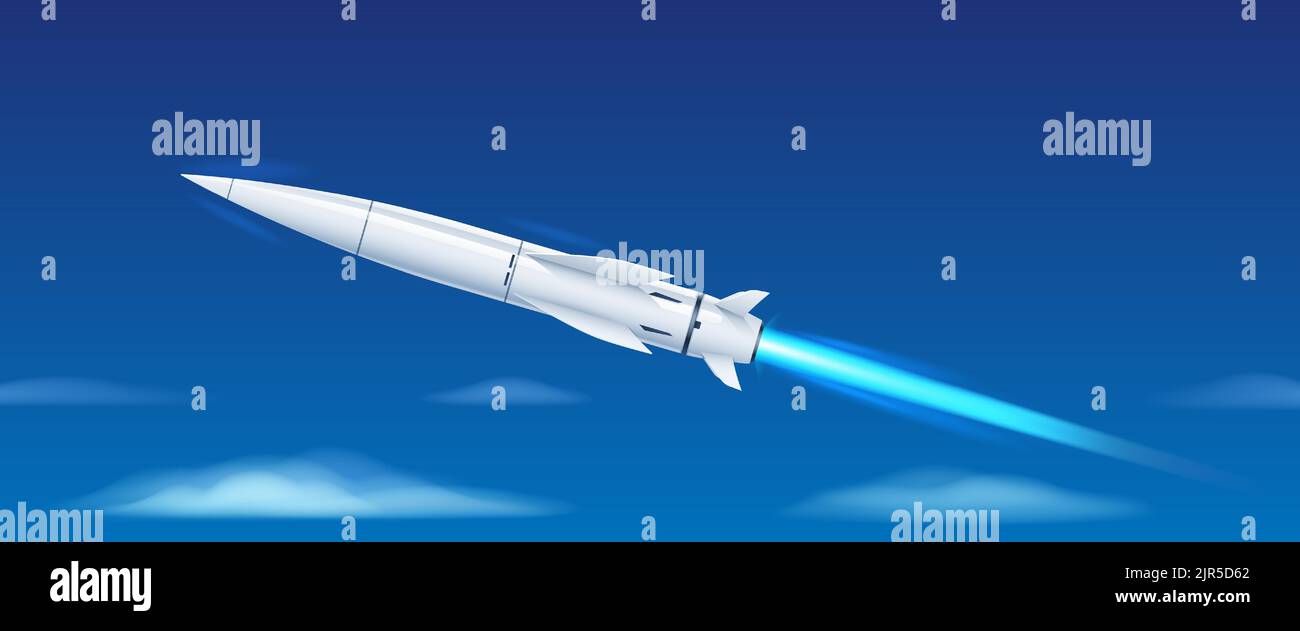 Missile ipertonico nel cielo blu con nuvole. Missile in diagonale con fiamma. Illustrazione vettoriale. Illustrazione Vettoriale