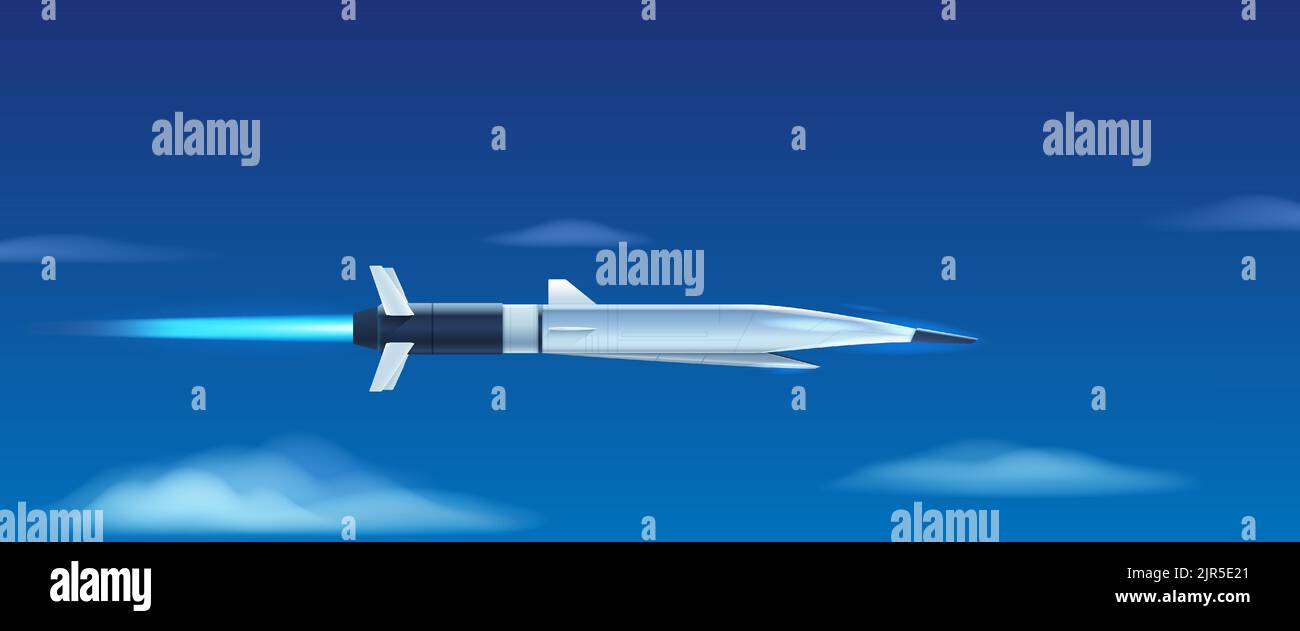 Missile ipersonico volante nel cielo blu con nuvole. Illustrazione vettoriale. Illustrazione Vettoriale