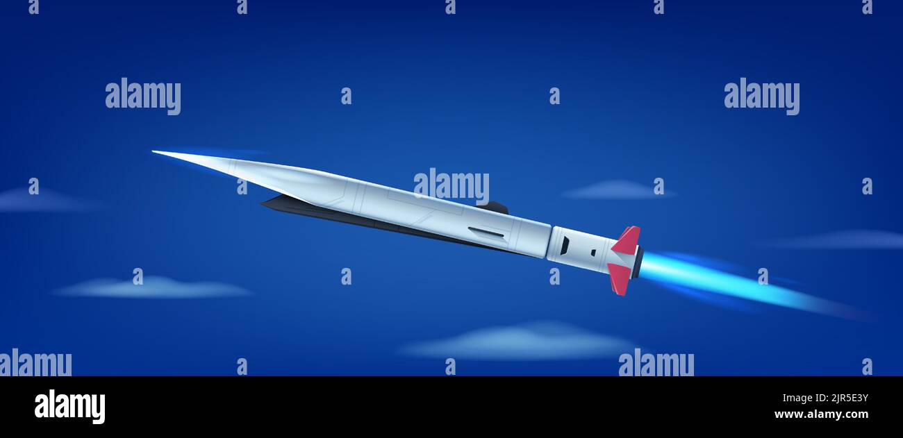 Missile ipersonico volante nel cielo con nuvole. Missile in direzione diagonale. Illustrazione vettoriale. Illustrazione Vettoriale