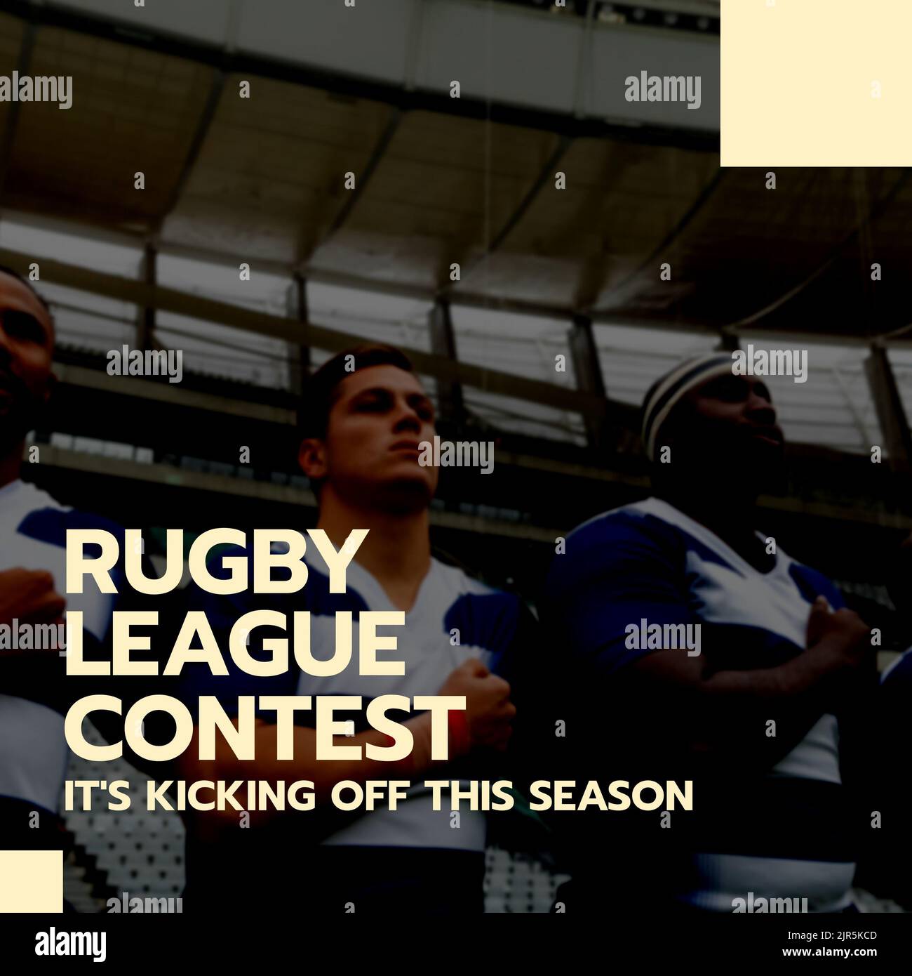 Composizione del testo del concorso della lega di rugby su diversi giocatori maschi di rugby allo stadio Foto Stock