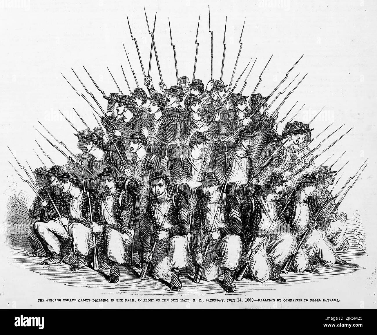 I Chicago Zouave Cadets perforando nel parco, di fronte al Municipio, New York, 14th luglio 1860 - radunando le aziende per respingere la cavalleria. Illustrazione del 19th° secolo dal quotidiano illustrato di Frank Leslie Foto Stock